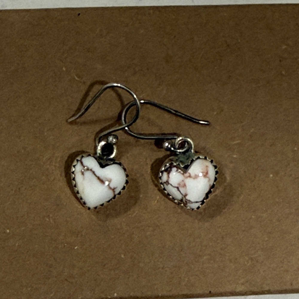 NWOT Wild Horse Jasper Heart Shaped White Marble Effect Dangle Earrings sterling